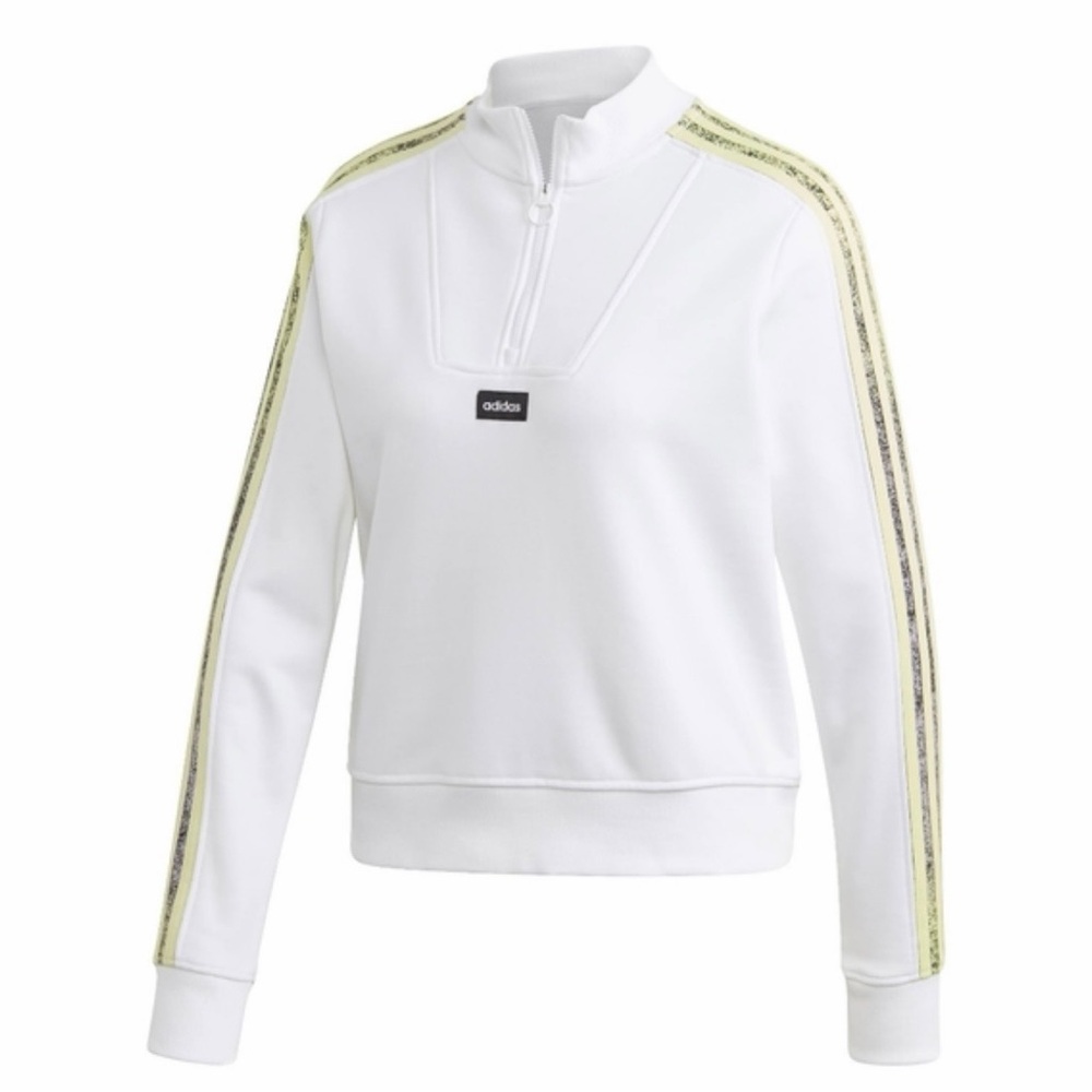 Adidas 1/4 Zip Women's White Sweatshirt with Retro Yellow Stripes Athletic Gym